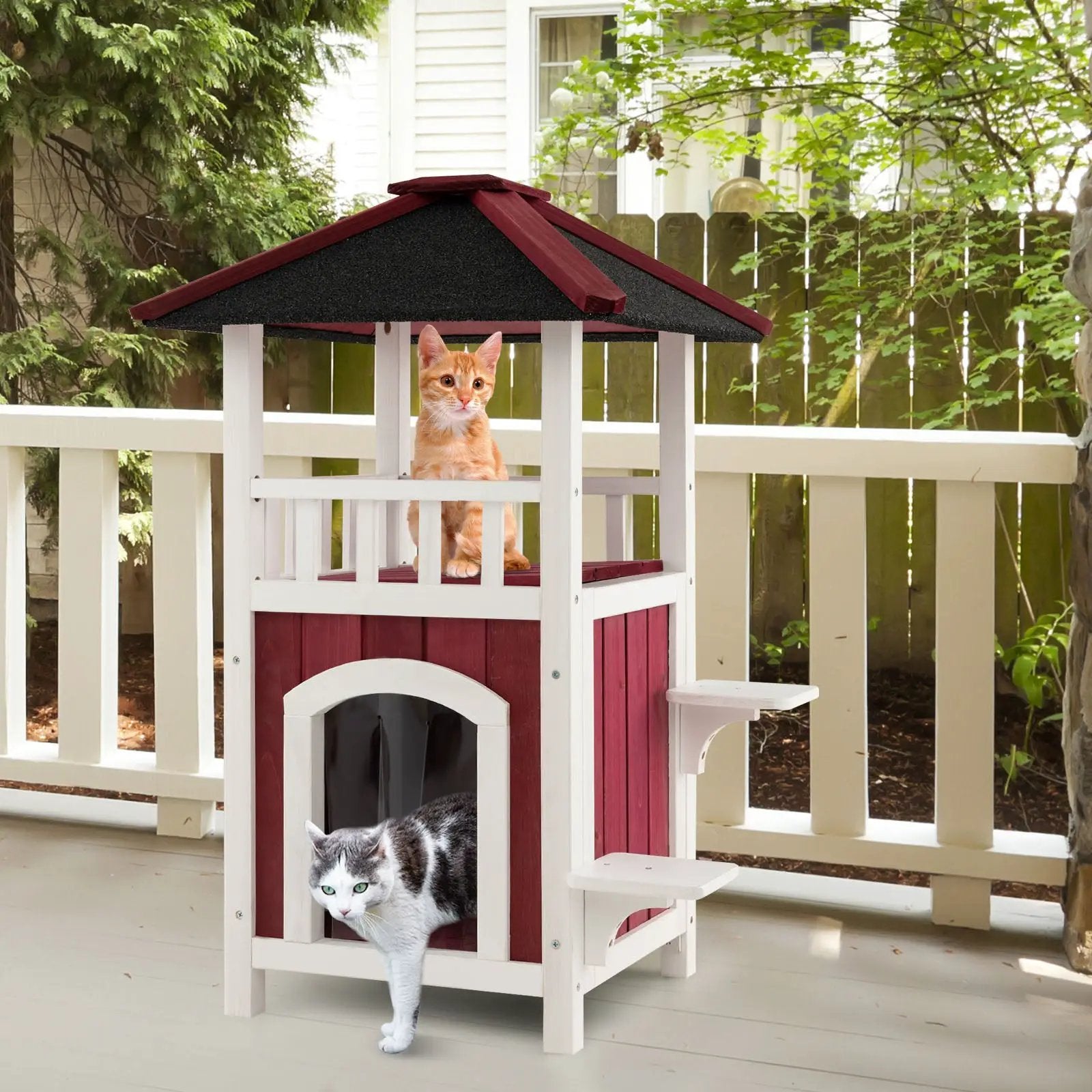 2-Story Wooden Cat House with Asphalt Roof Balcony and Rain Curtain-Red & White by DirectDeals