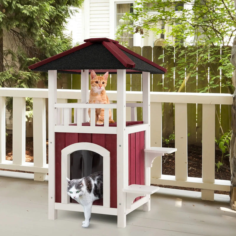 2-Story Wooden Cat House with Asphalt Roof Balcony and Rain Curtain-Red & White by DirectDeals