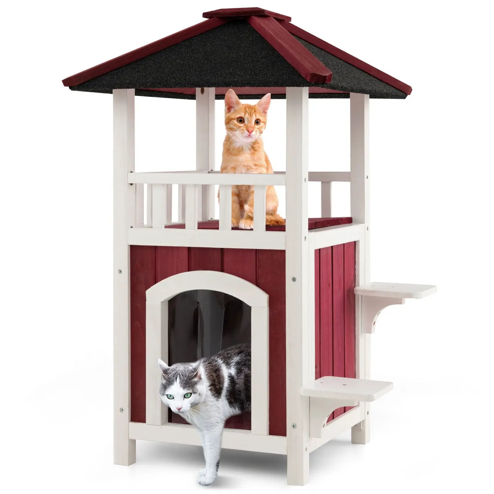 2-Story Wooden Cat House with Asphalt Roof Balcony and Rain Curtain-Red & White by DirectDeals
