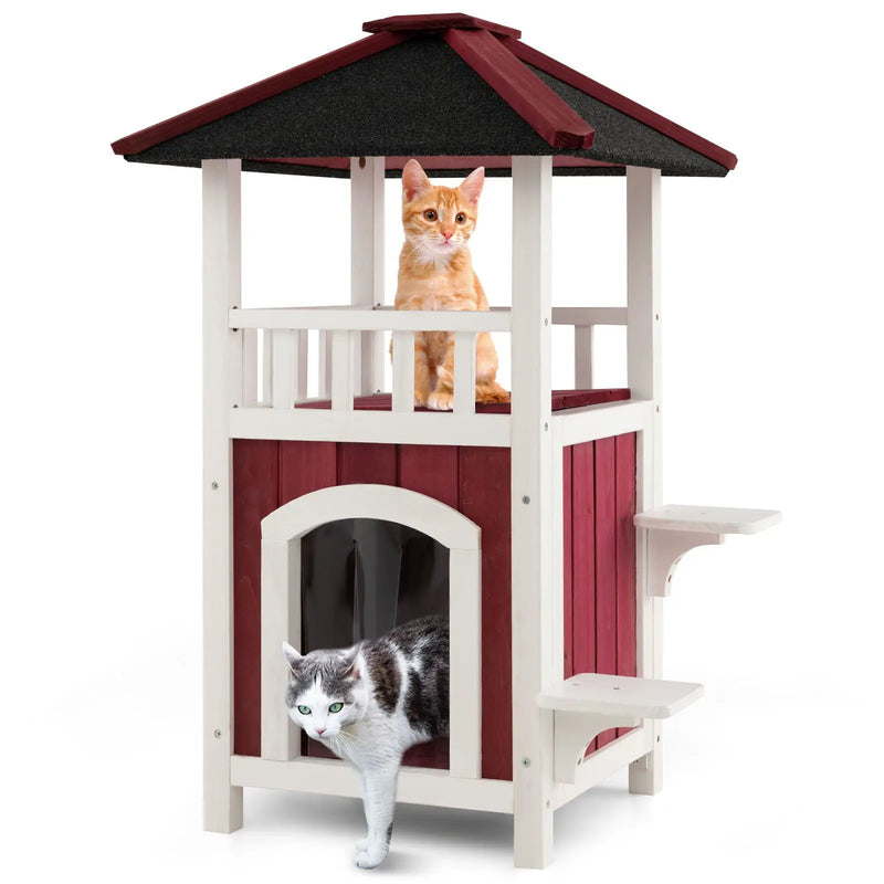 2-Story Wooden Cat House with Asphalt Roof Balcony and Rain Curtain-Red & White by DirectDeals
