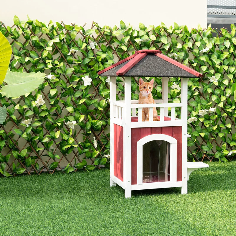 2-Story Wooden Cat House with Asphalt Roof Balcony and Rain Curtain-Red & White by DirectDeals