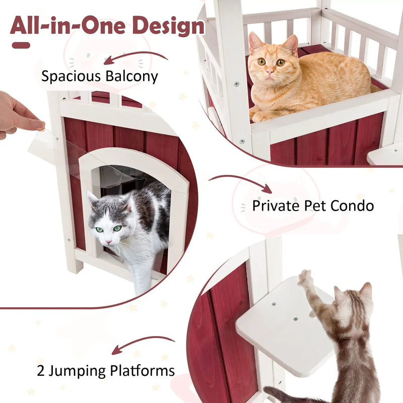 2-Story Wooden Cat House with Asphalt Roof Balcony and Rain Curtain-Red & White by DirectDeals