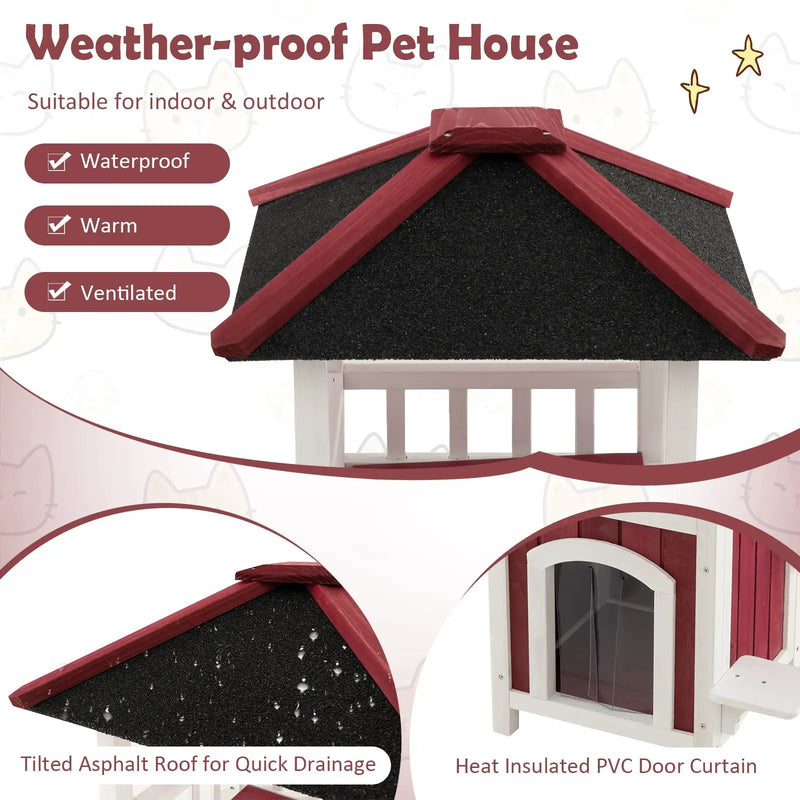2-Story Wooden Cat House with Asphalt Roof Balcony and Rain Curtain-Red & White by DirectDeals