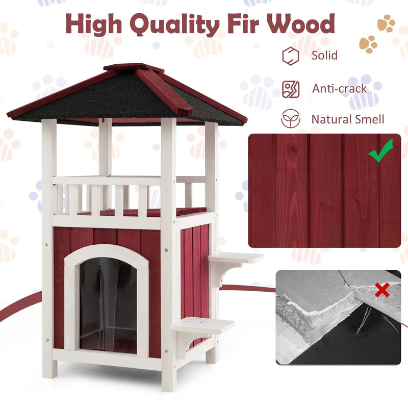 2-Story Wooden Cat House with Asphalt Roof Balcony and Rain Curtain-Red & White by DirectDeals