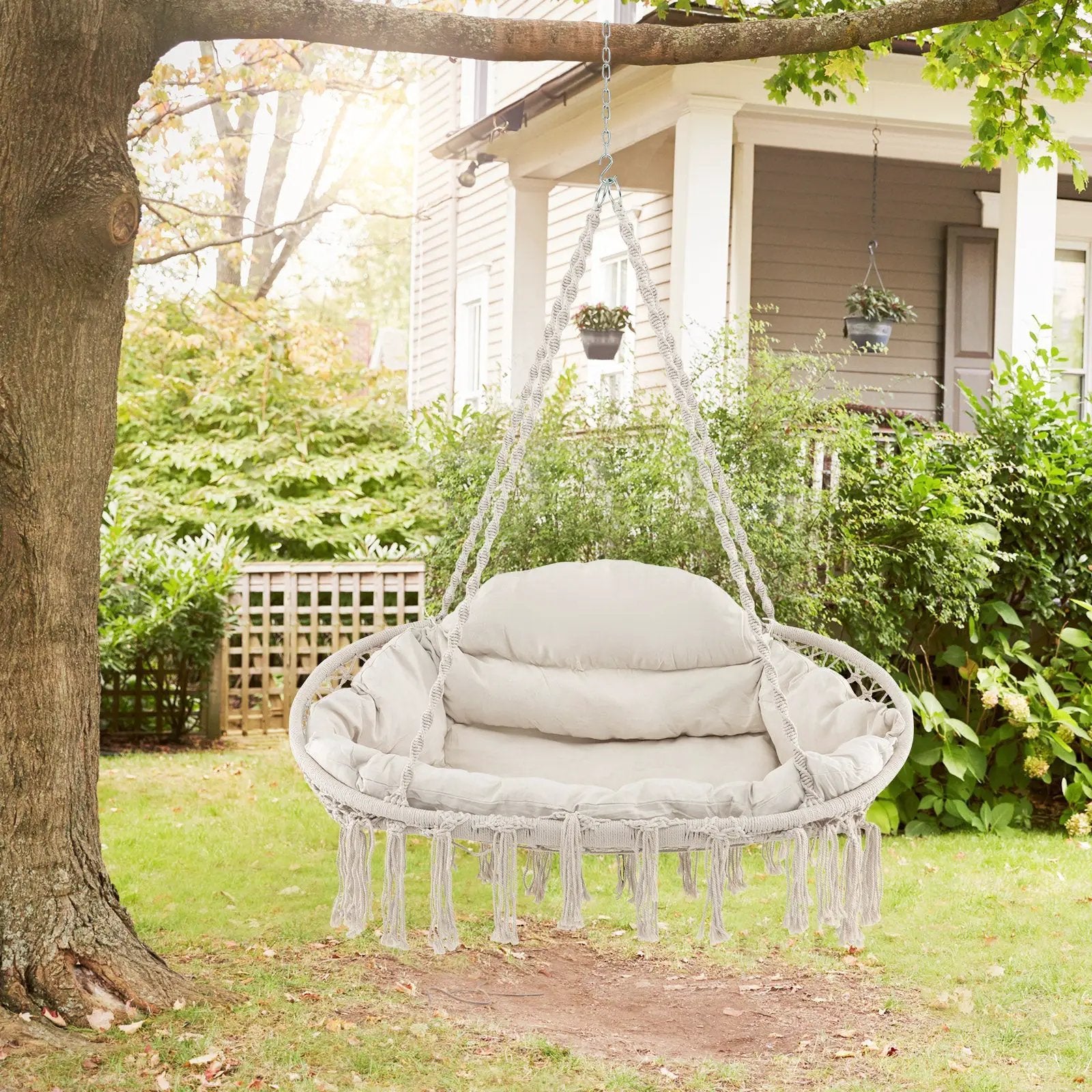 Hand-Woven Rope Hanging Chair with Cushion and Folding Frame by DirectDeals