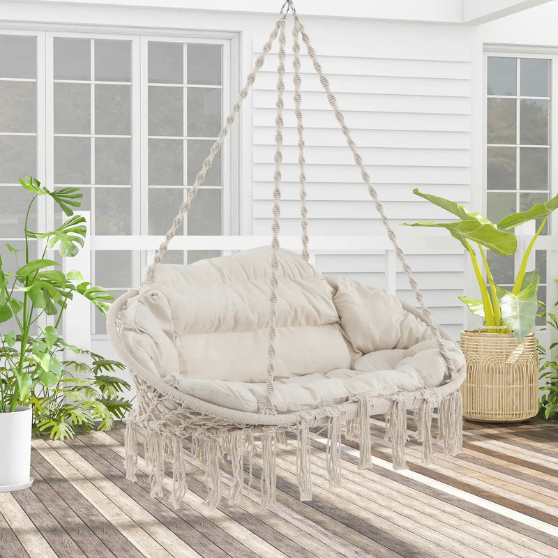 Hand-Woven Rope Hanging Chair with Cushion and Folding Frame by DirectDeals