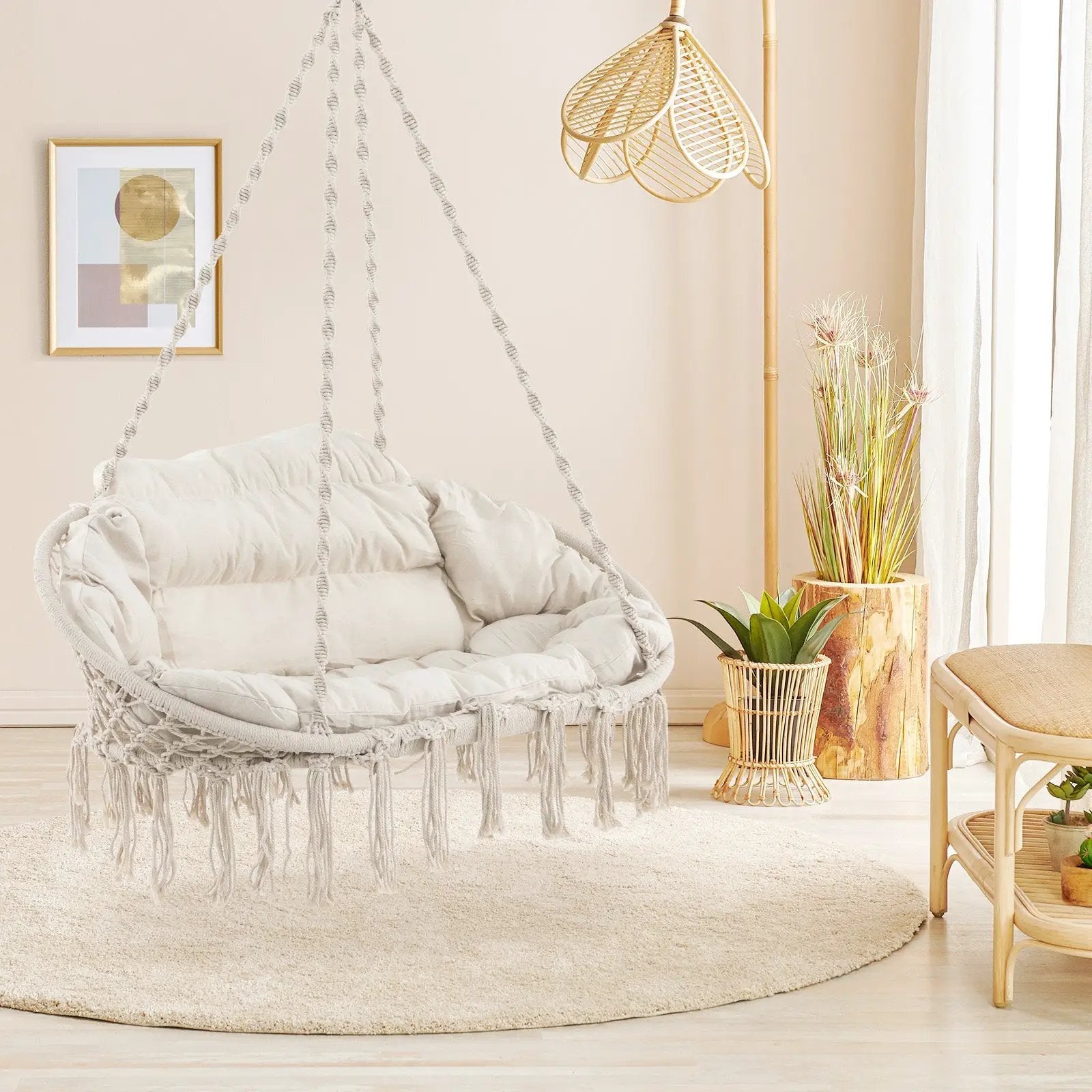 Hand-Woven Rope Hanging Chair with Cushion and Folding Frame by DirectDeals