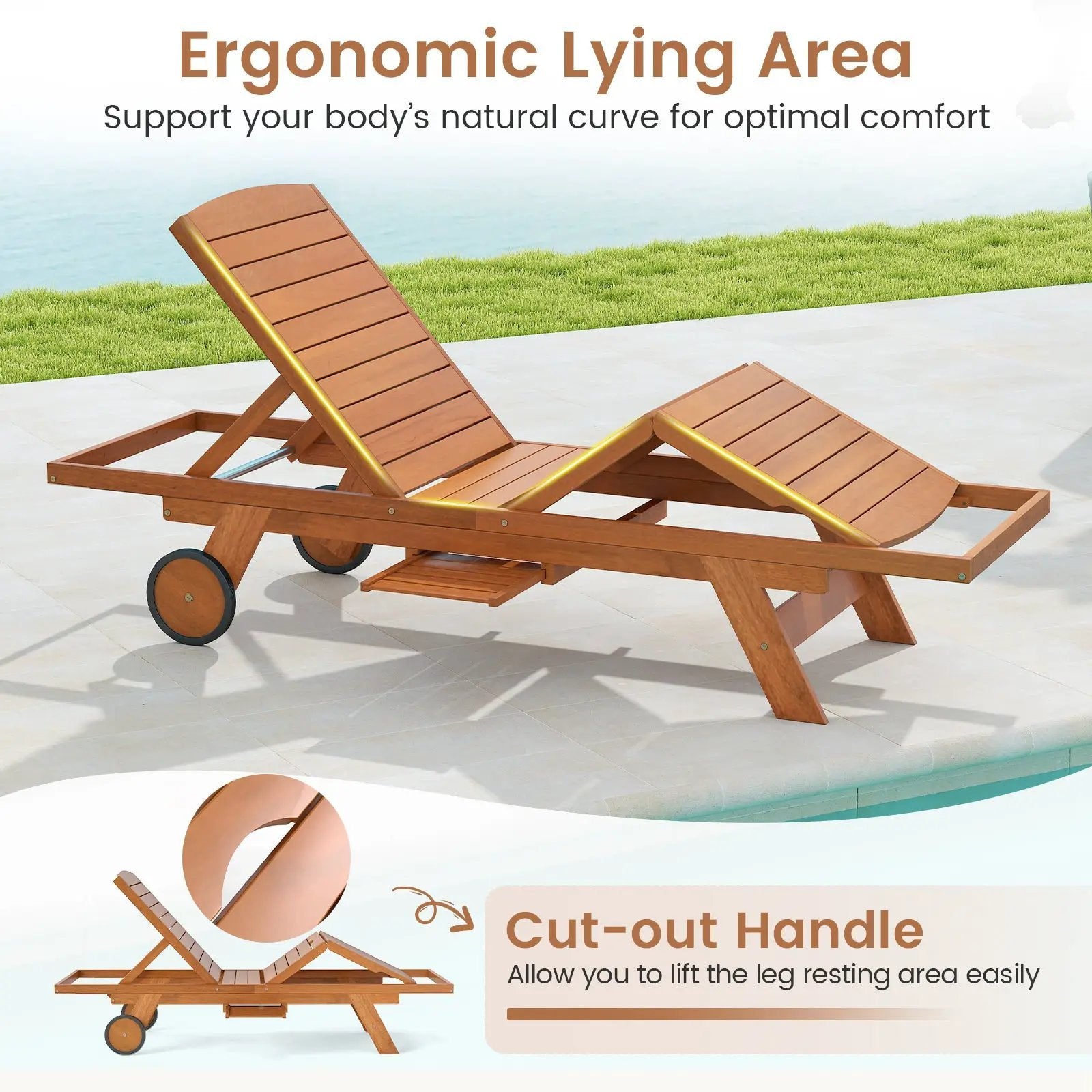 Outdoor Chaise Lounge Chair with Wheels 4-Position Patio Wood Recliner with Adjustable Backrest by DirectDeals