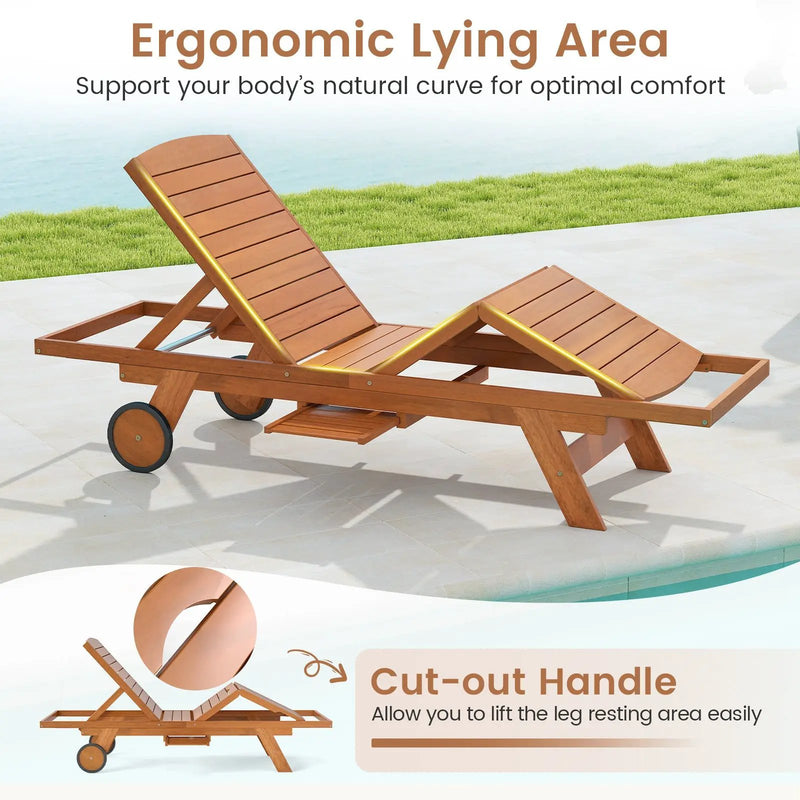 Outdoor Chaise Lounge Chair with Wheels 4-Position Patio Wood Recliner with Adjustable Backrest by DirectDeals
