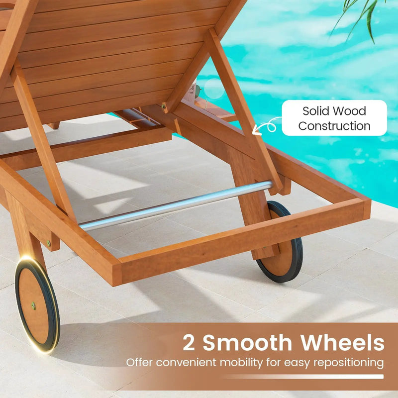 Outdoor Chaise Lounge Chair with Wheels 4-Position Patio Wood Recliner with Adjustable Backrest by DirectDeals
