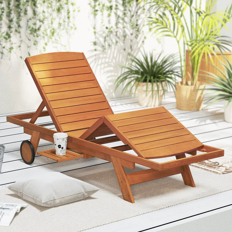 Outdoor Chaise Lounge Chair with Wheels 4-Position Patio Wood Recliner with Adjustable Backrest by DirectDeals