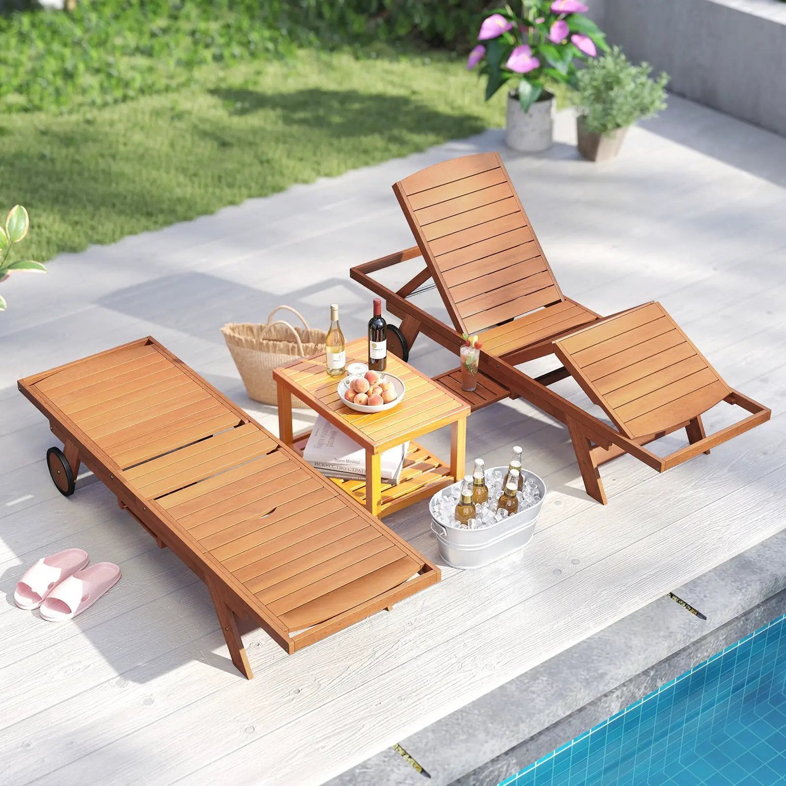 Outdoor Chaise Lounge Chair with Wheels 4-Position Patio Wood Recliner with Adjustable Backrest by DirectDeals