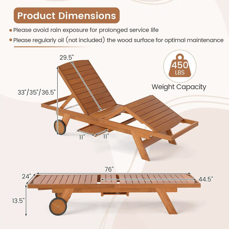 Outdoor Chaise Lounge Chair with Wheels 4-Position Patio Wood Recliner with Adjustable Backrest by DirectDeals