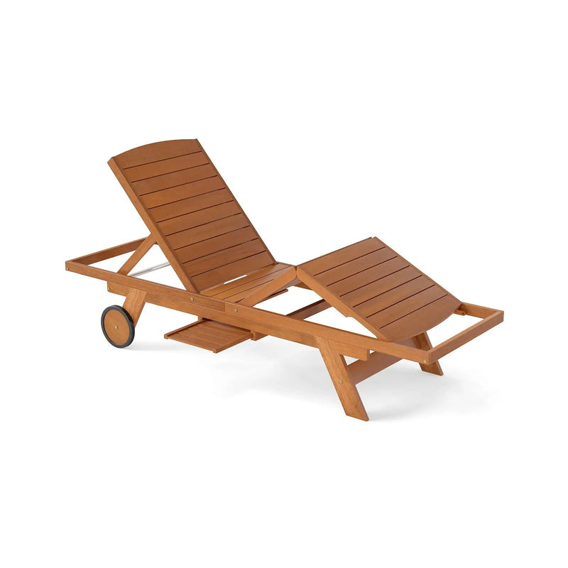 Outdoor Chaise Lounge Chair with Wheels 4-Position Patio Wood Recliner with Adjustable Backrest by DirectDeals
