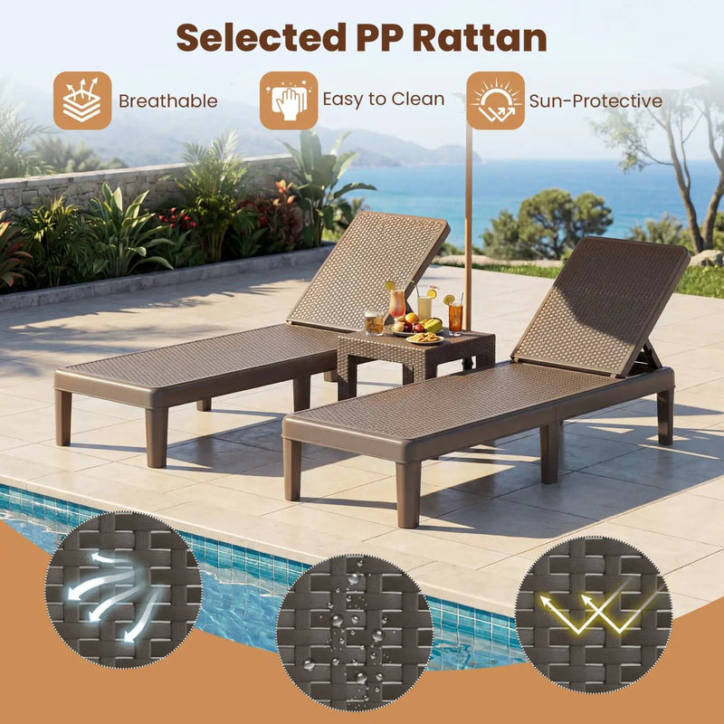 Outdoor Chaise Lounger Chair with Waterproof Rattan Textured PP Surface Set of 2 by DirectDeals