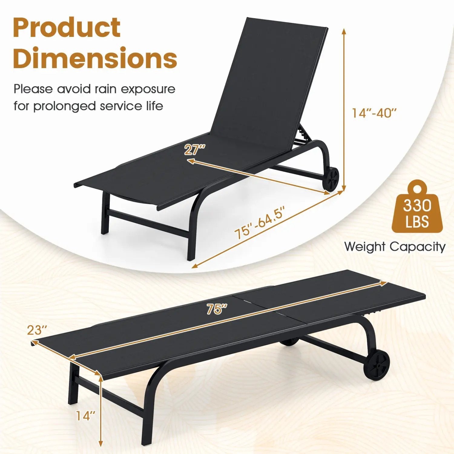 Outdoor Chaise Lounge Chair with Wheels and Metal Frame by DirectDeals