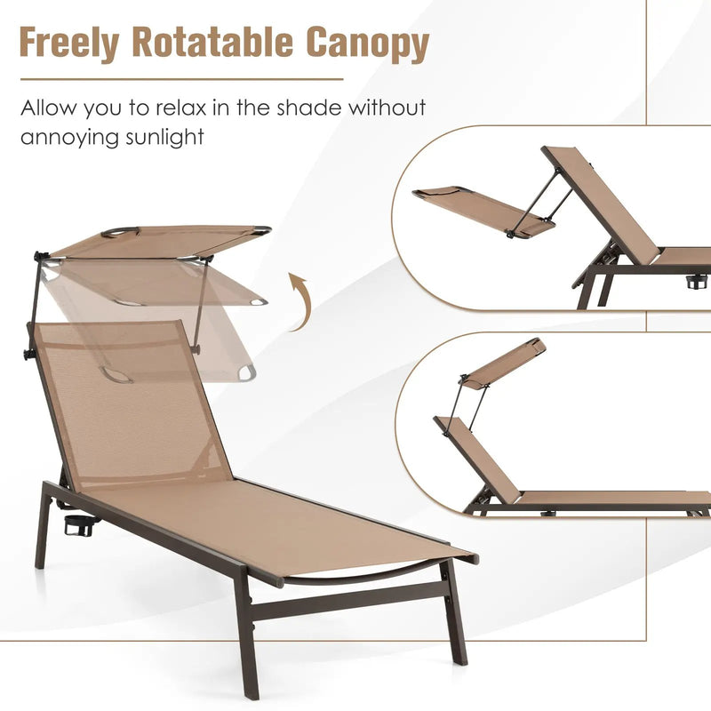 Outdoor Chaise Lounge Chair with Sunshade and 6 Adjustable Position-Brown by DirectDeals