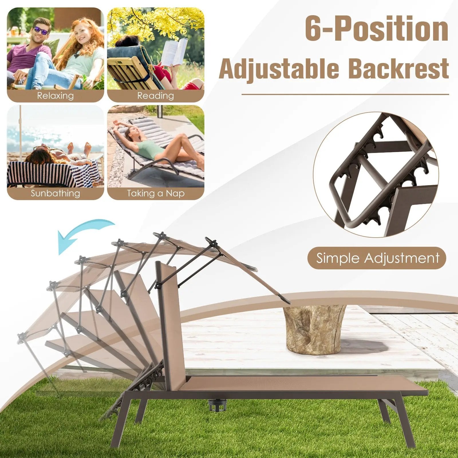 Outdoor Chaise Lounge Chair with Sunshade and 6 Adjustable Position-Brown by DirectDeals