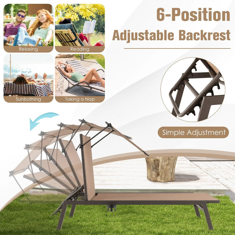 Outdoor Chaise Lounge Chair with Sunshade and 6 Adjustable Position-Brown by DirectDeals
