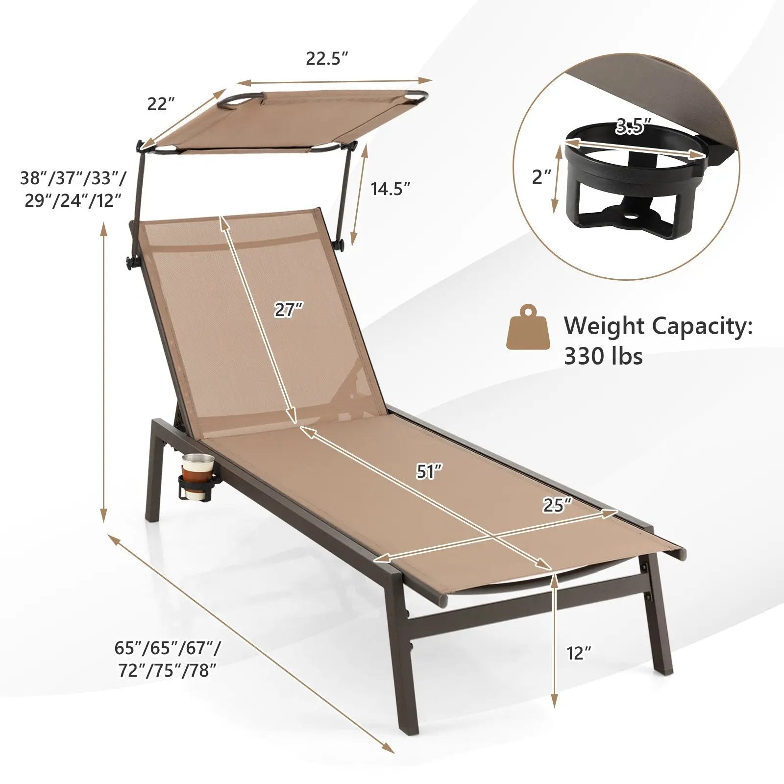 Outdoor Chaise Lounge Chair with Sunshade and 6 Adjustable Position-Brown by DirectDeals