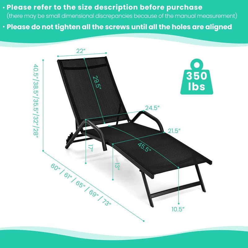 2 Pieces Outdoor Chaise Lounge with 5-Position Adjustable Backrest-Black by DirectDeals
