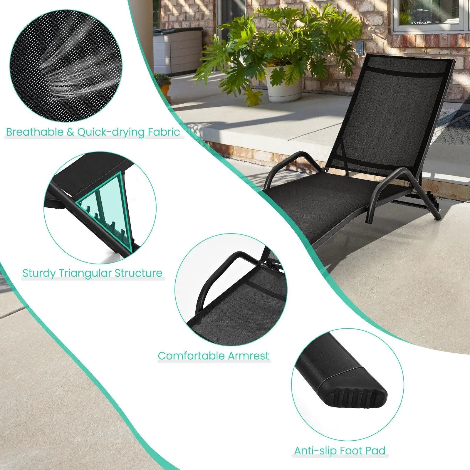 2 Pieces Outdoor Chaise Lounge with 5-Position Adjustable Backrest-Black by DirectDeals