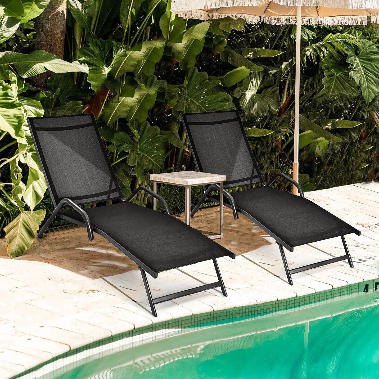 2 Pieces Outdoor Chaise Lounge with 5-Position Adjustable Backrest-Black by DirectDeals