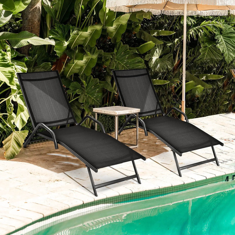2 Pieces Outdoor Chaise Lounge with 5-Position Adjustable Backrest-Black by DirectDeals