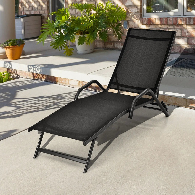 2 Pieces Outdoor Chaise Lounge with 5-Position Adjustable Backrest-Black by DirectDeals
