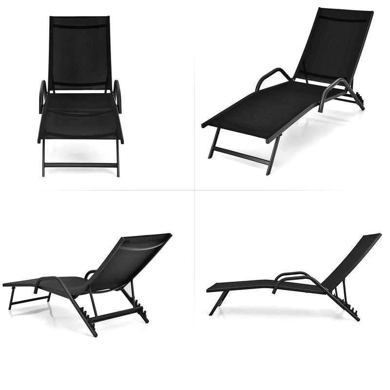 2 Pieces Outdoor Chaise Lounge with 5-Position Adjustable Backrest-Black by DirectDeals