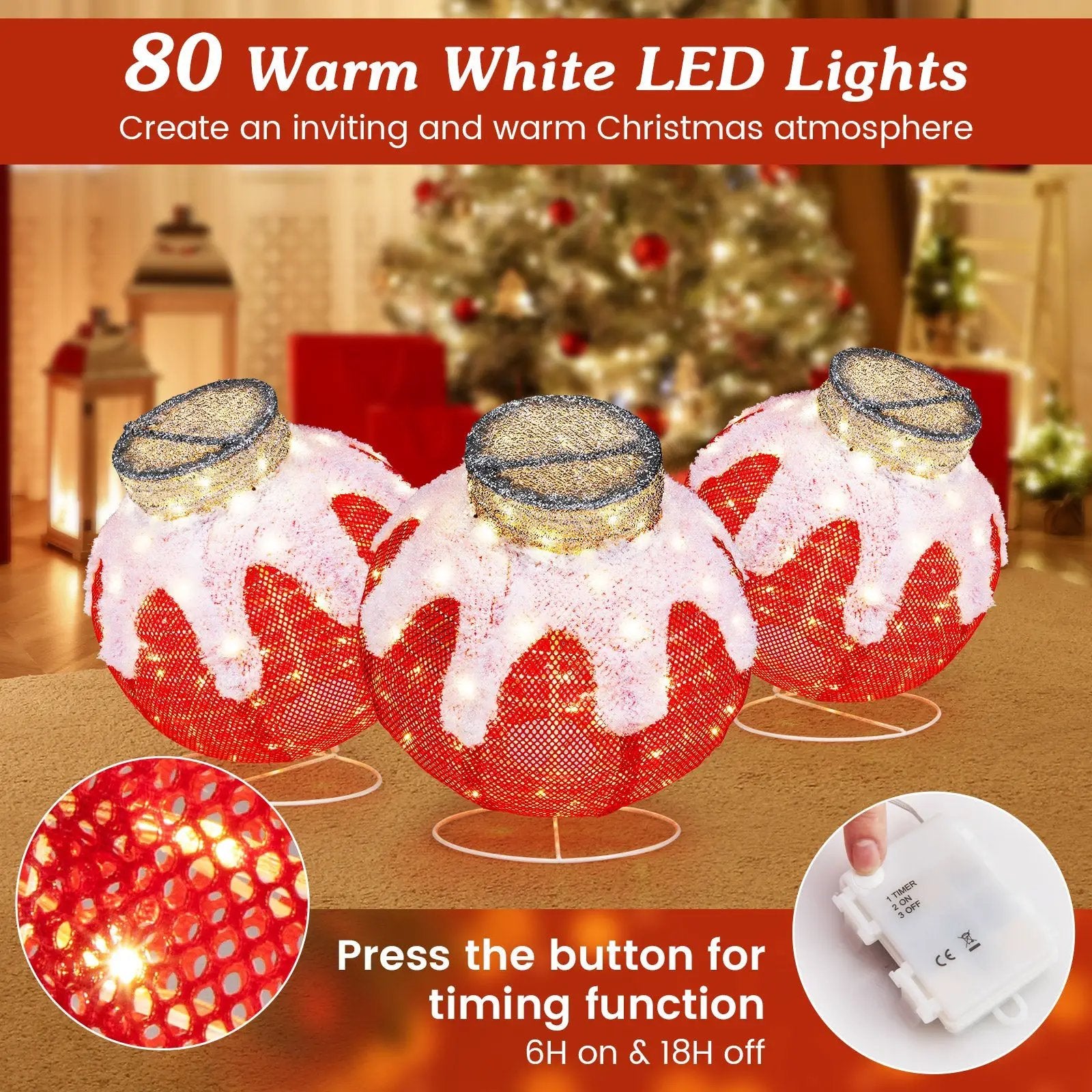 Outdoor Christmas Lantern Pop-Up Lighted Festive Ball with 80 LED Lights and Support Base by DirectDeals