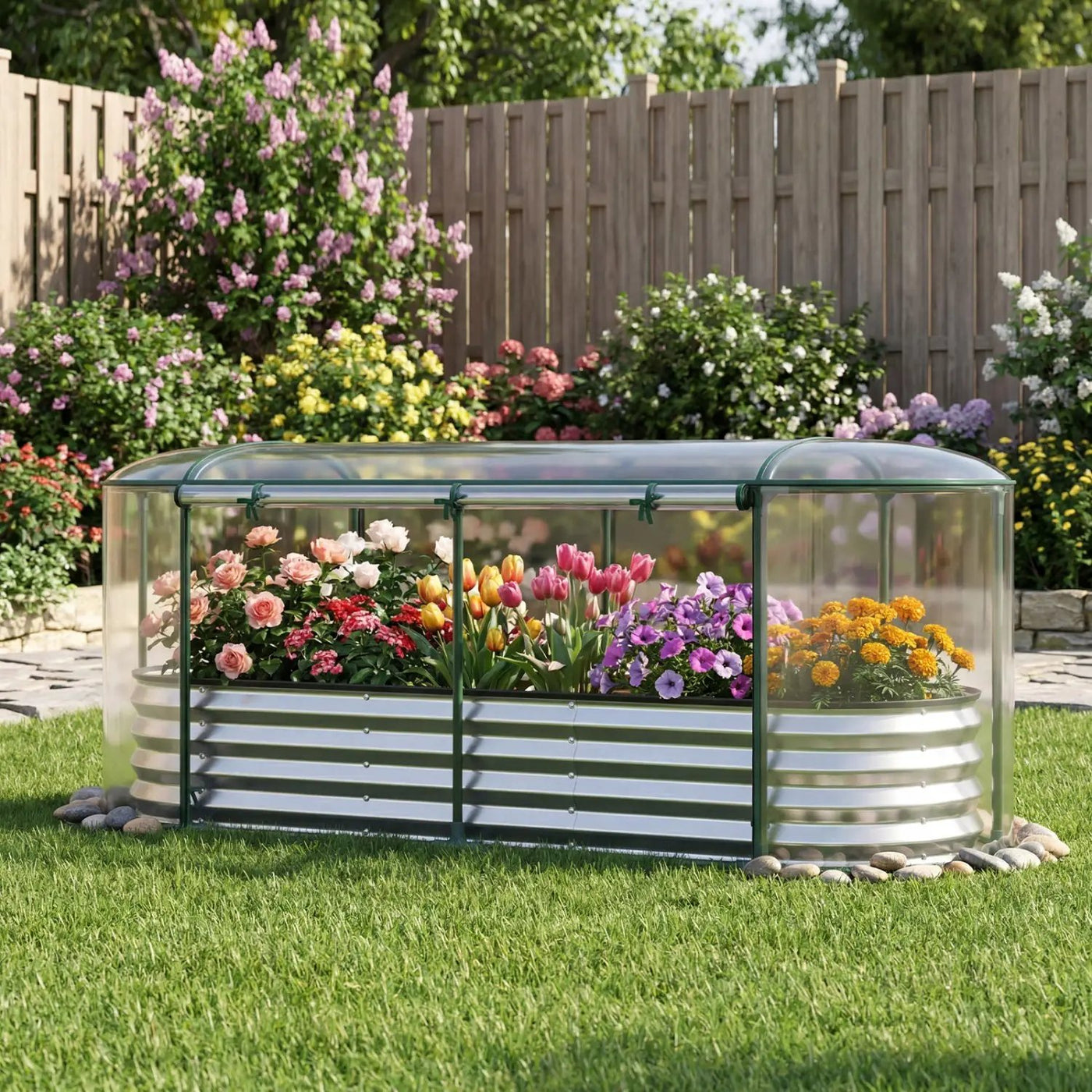 Outdoor Color Steel Raised Garden Bed with Greenhouse Cover Roll-up Window by DirectDeals