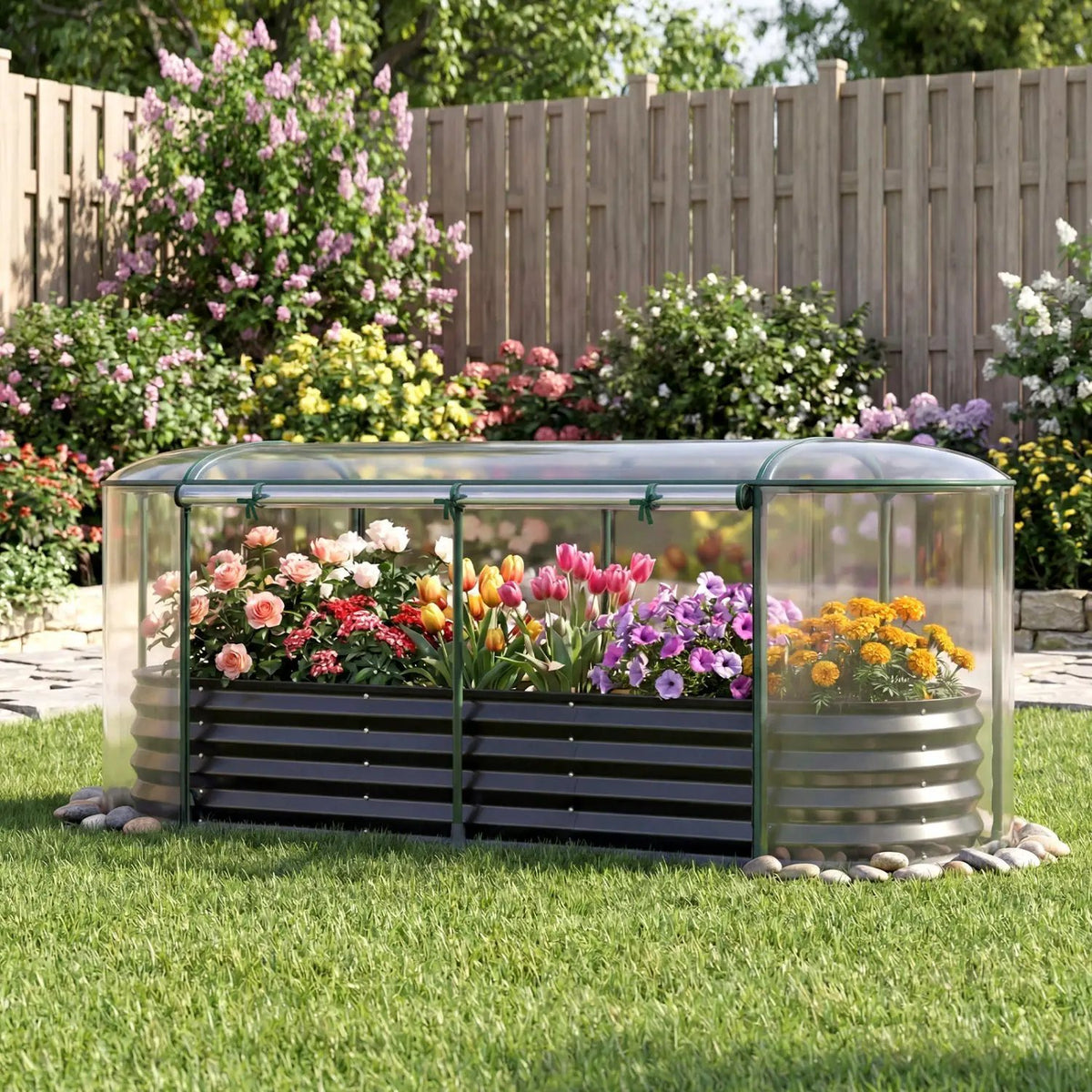 Outdoor Color Steel Raised Garden Bed with Greenhouse Cover Roll-up Window by DirectDeals