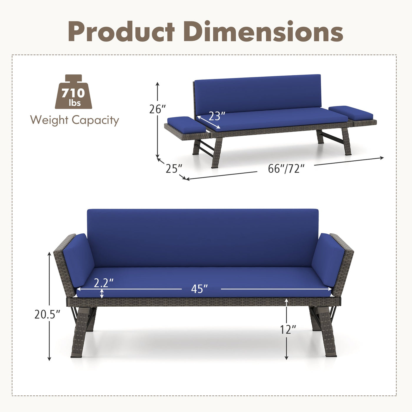 Outdoor Convertible Sofa Daybed with Adjustable Armrests for Balcony by DirectDeals