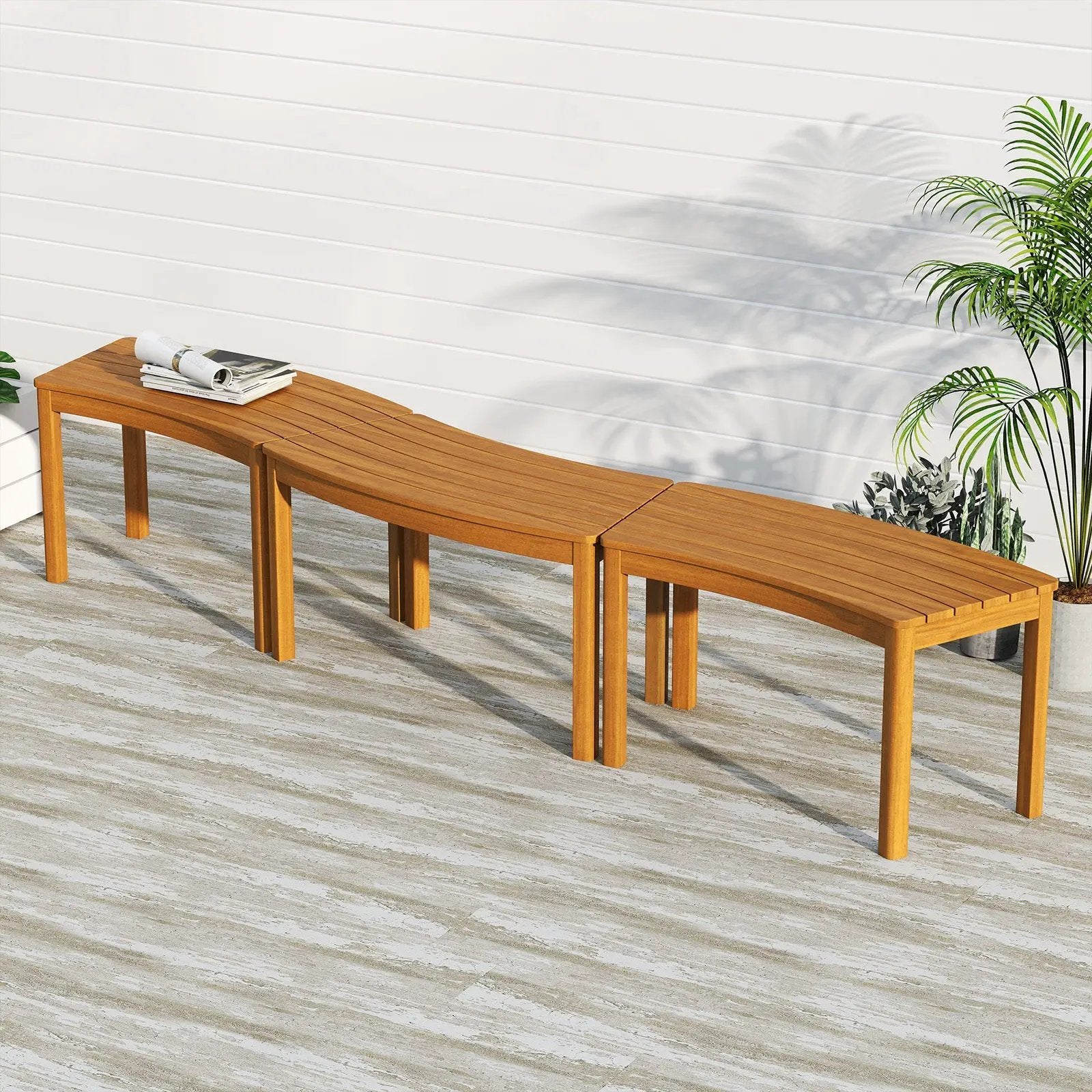 Outdoor Curved Acacia Wood Bench Set of 2/3/4 for Front Porch by DirectDeals