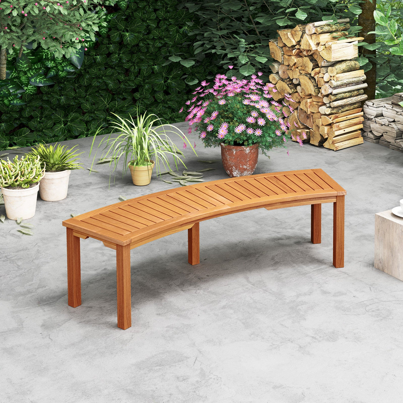 Outdoor Curved Acacia Wood Fire Pit Bench with Slatted Seat by DirectDeals