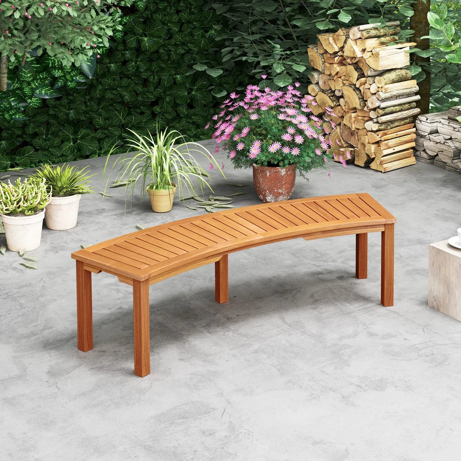 Outdoor Curved Acacia Wood Fire Pit Bench with Slatted Seat by DirectDeals