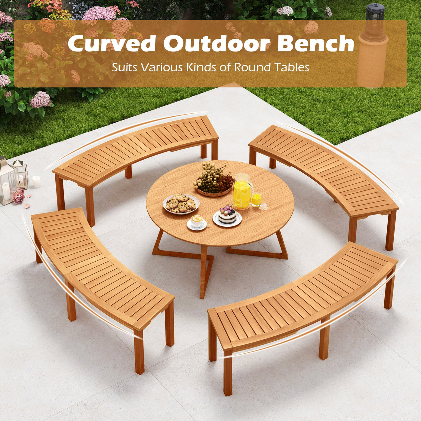 Outdoor Curved Acacia Wood Fire Pit Bench with Slatted Seat by DirectDeals