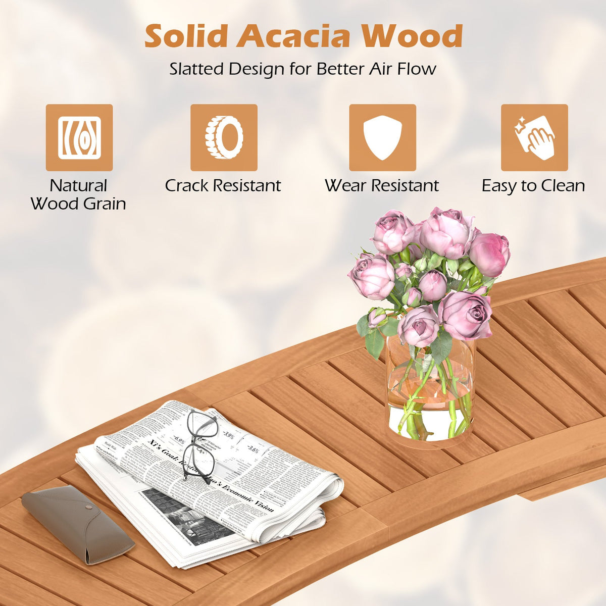Outdoor Curved Acacia Wood Fire Pit Bench with Slatted Seat by DirectDeals