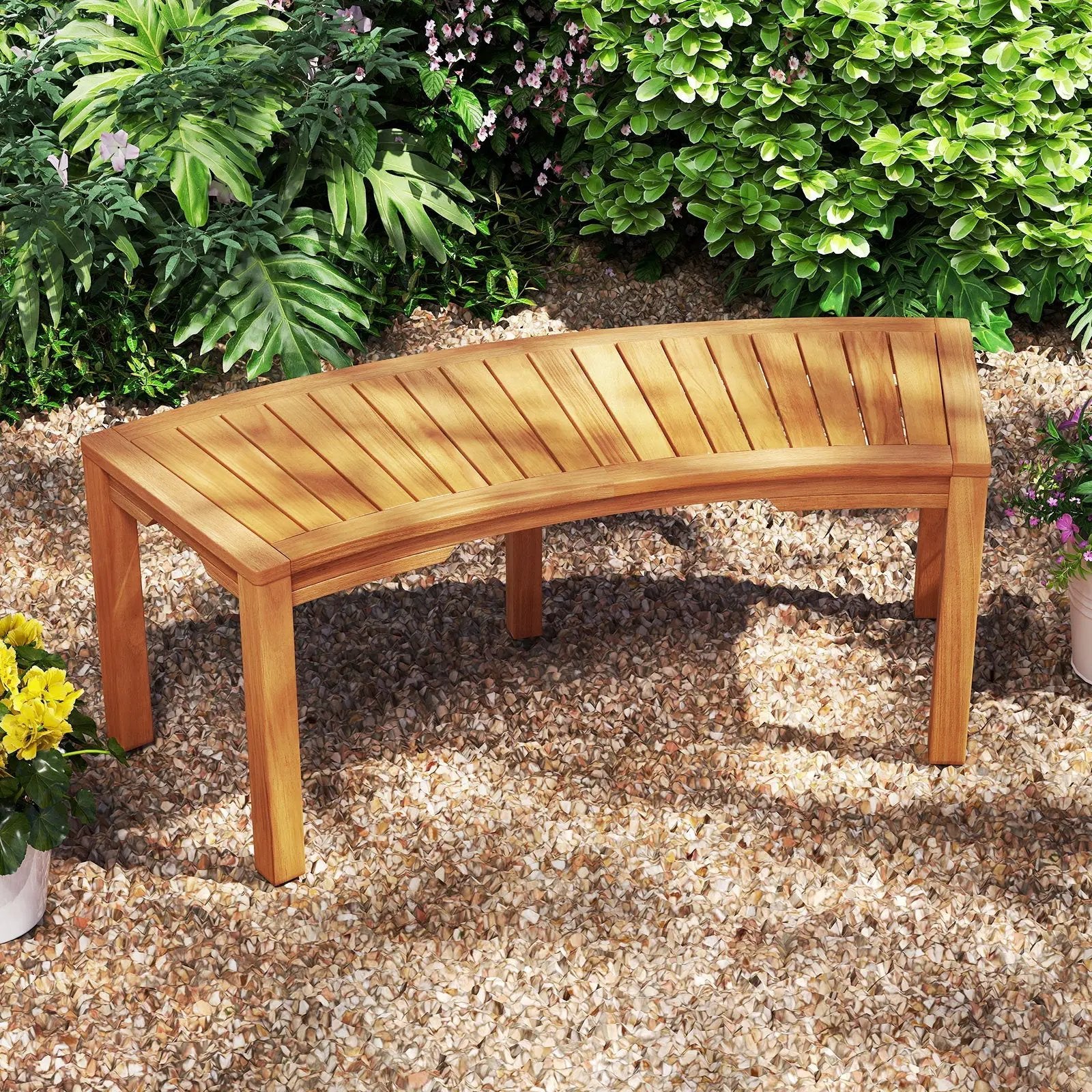 Set of 7 Outdoor Bench Acacia Wood Curved Garden Bench 2-Person by DirectDeals