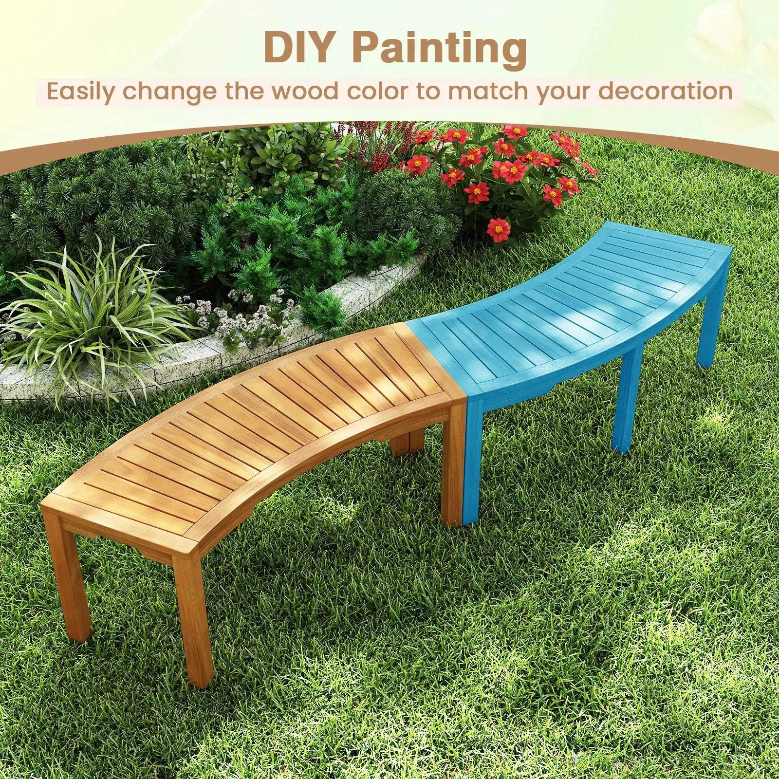 Set of 7 Outdoor Bench Acacia Wood Curved Garden Bench 2-Person by DirectDeals