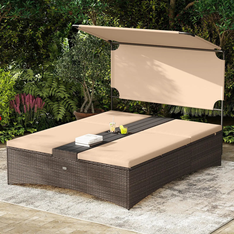 Outdoor Daybed with Adjustable Backrests 2-Person PE Rattan Patio Bed-Brown by DirectDeals