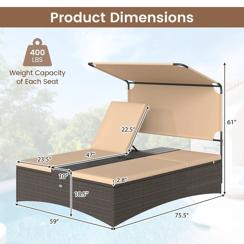 Outdoor Daybed with Adjustable Backrests 2-Person PE Rattan Patio Bed-Brown by DirectDeals