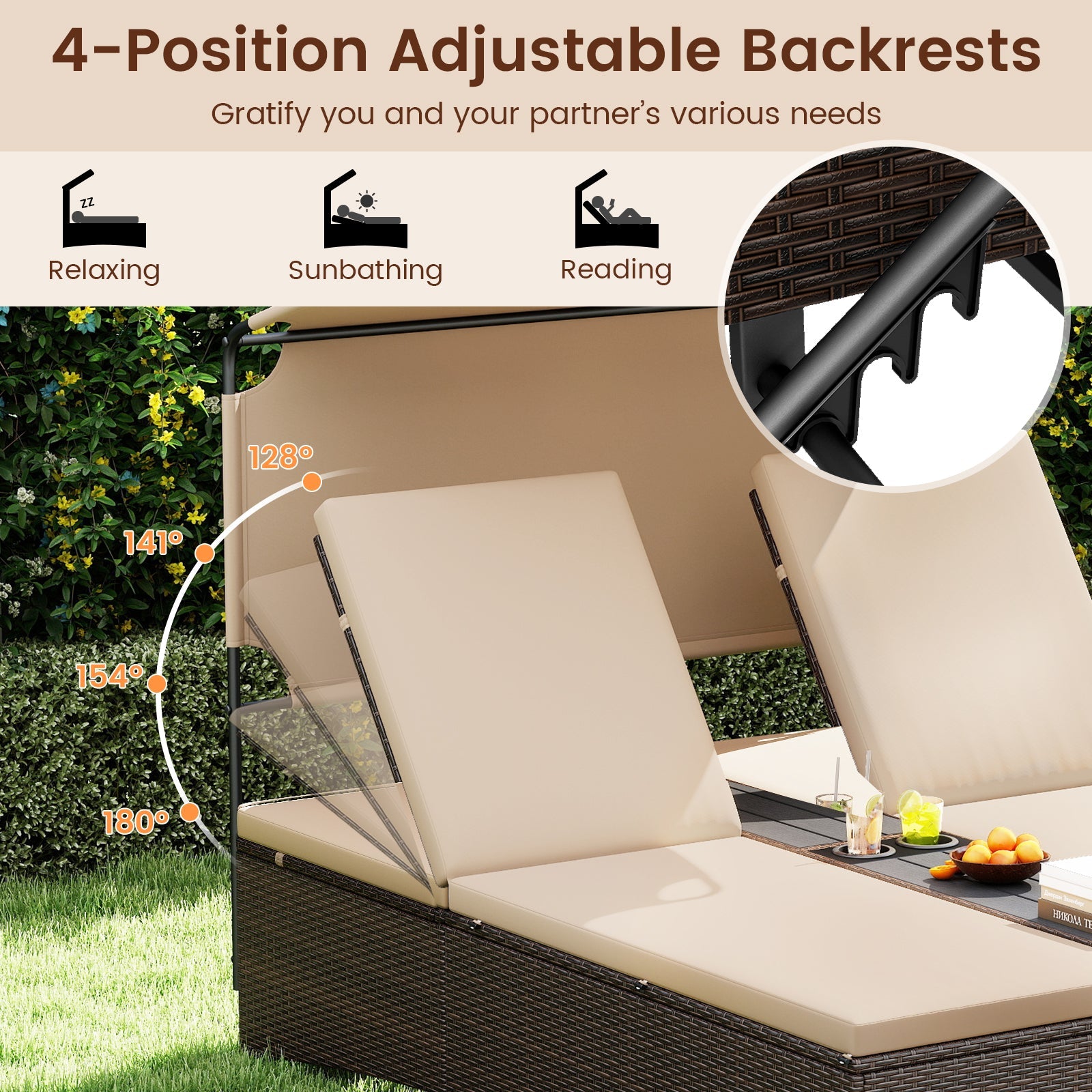 Outdoor Daybed with Adjustable Backrests 2-Person PE Rattan Patio Bed-Brown by DirectDeals