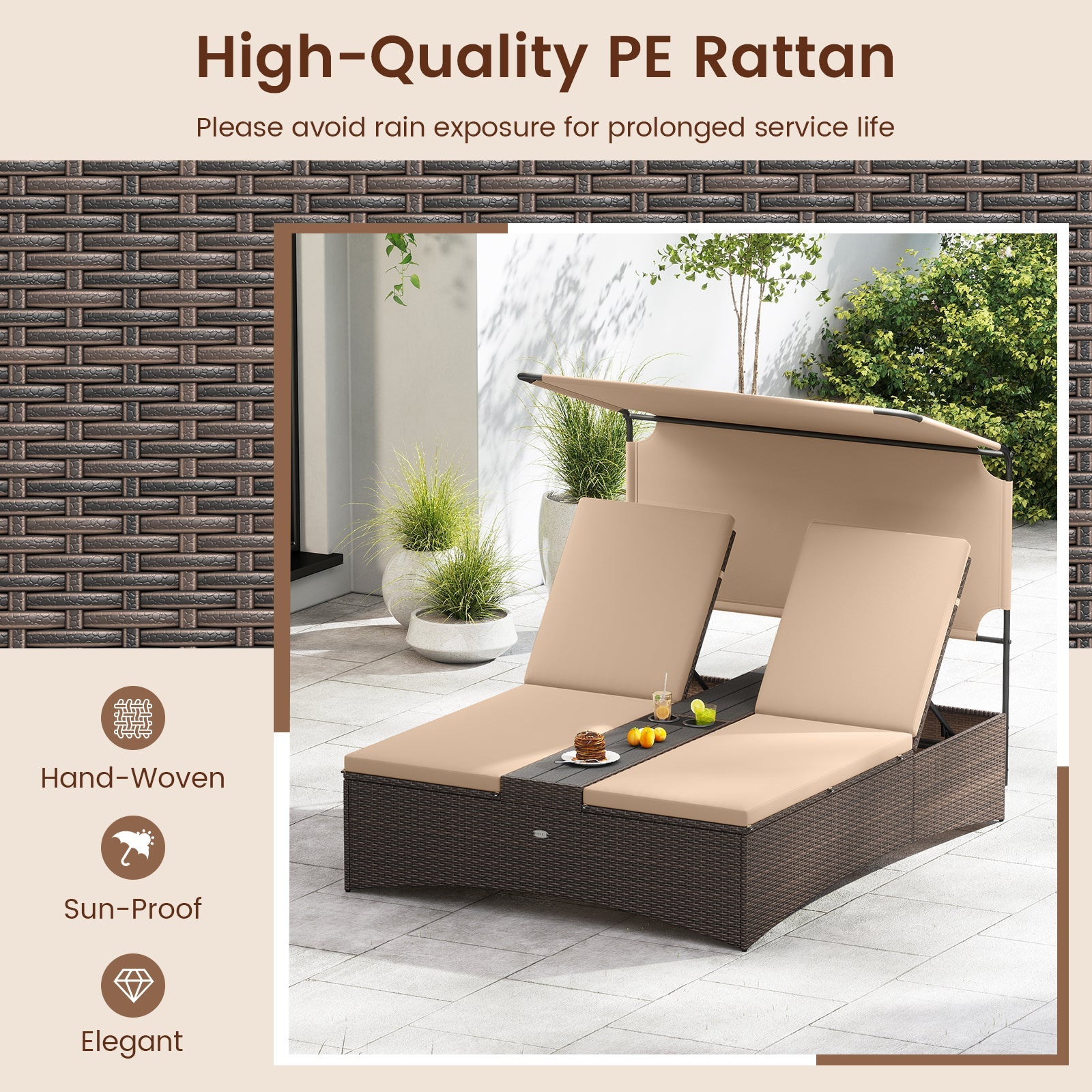 Outdoor Daybed with Adjustable Backrests 2-Person PE Rattan Patio Bed-Brown by DirectDeals
