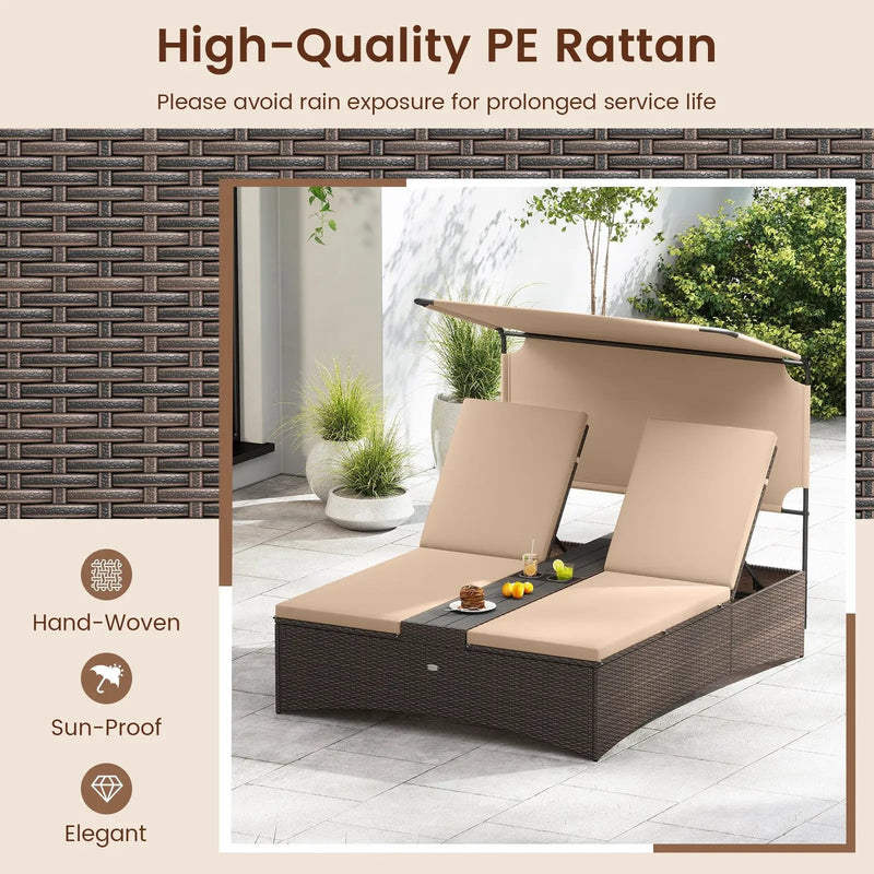 Outdoor Daybed with Adjustable Backrests 2-Person PE Rattan Patio Bed-Brown by DirectDeals