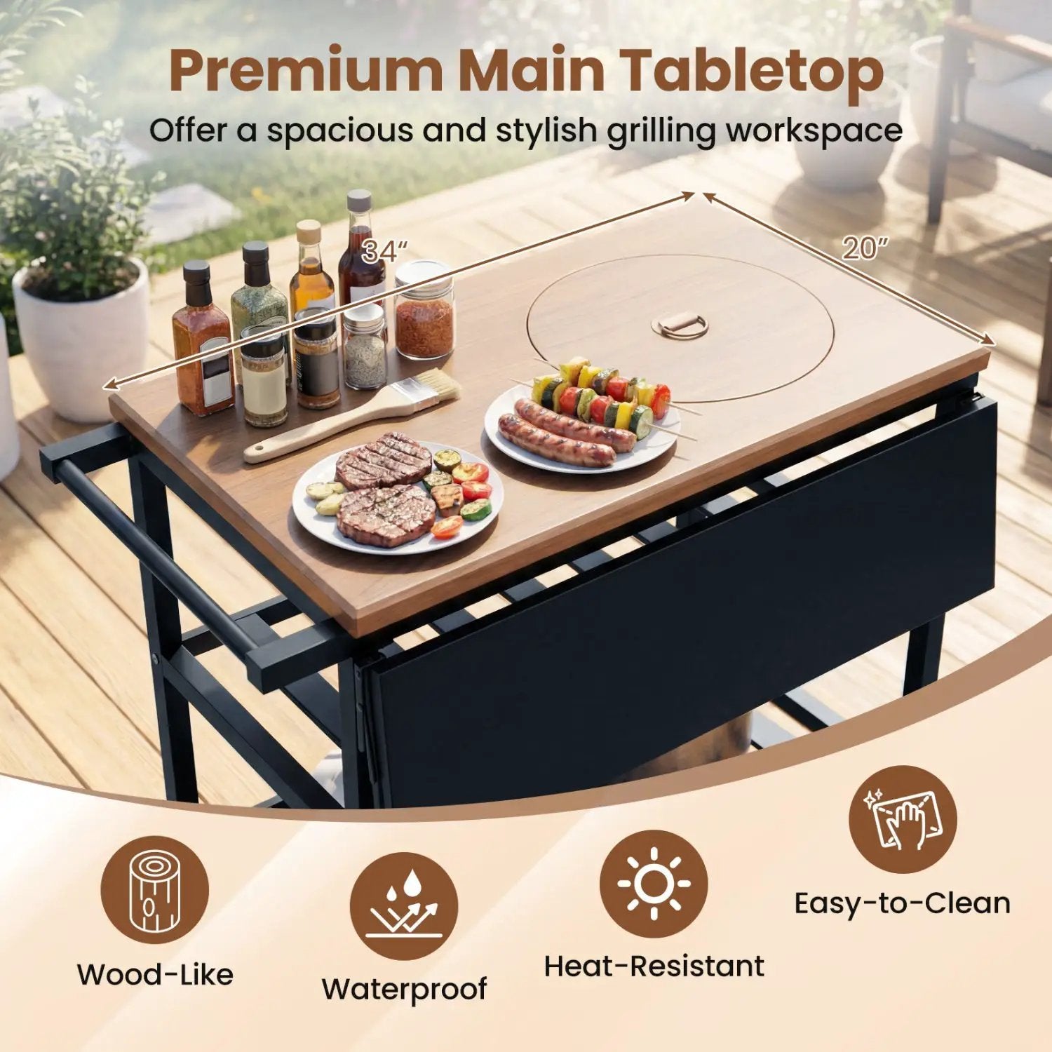 Outdoor Dining Cart with BBQ Grill and Folding Side Panel by DirectDeals