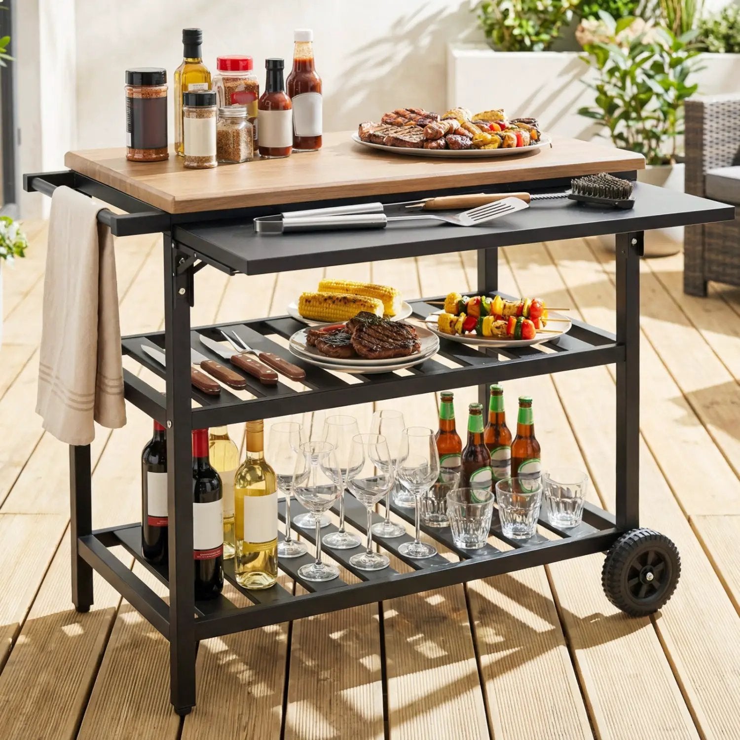 Outdoor Dining Cart with BBQ Grill and Folding Side Panel by DirectDeals