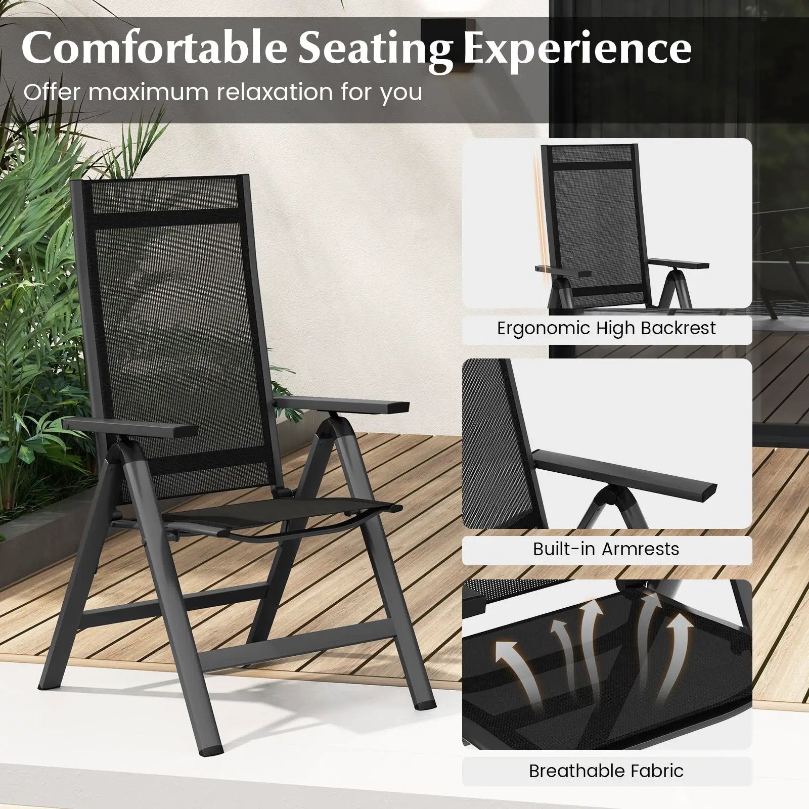 Outdoor Dining Chair with Soft Padded Seat and 7-Position Adjustable Backrest Set of 2-Black by DirectDeals