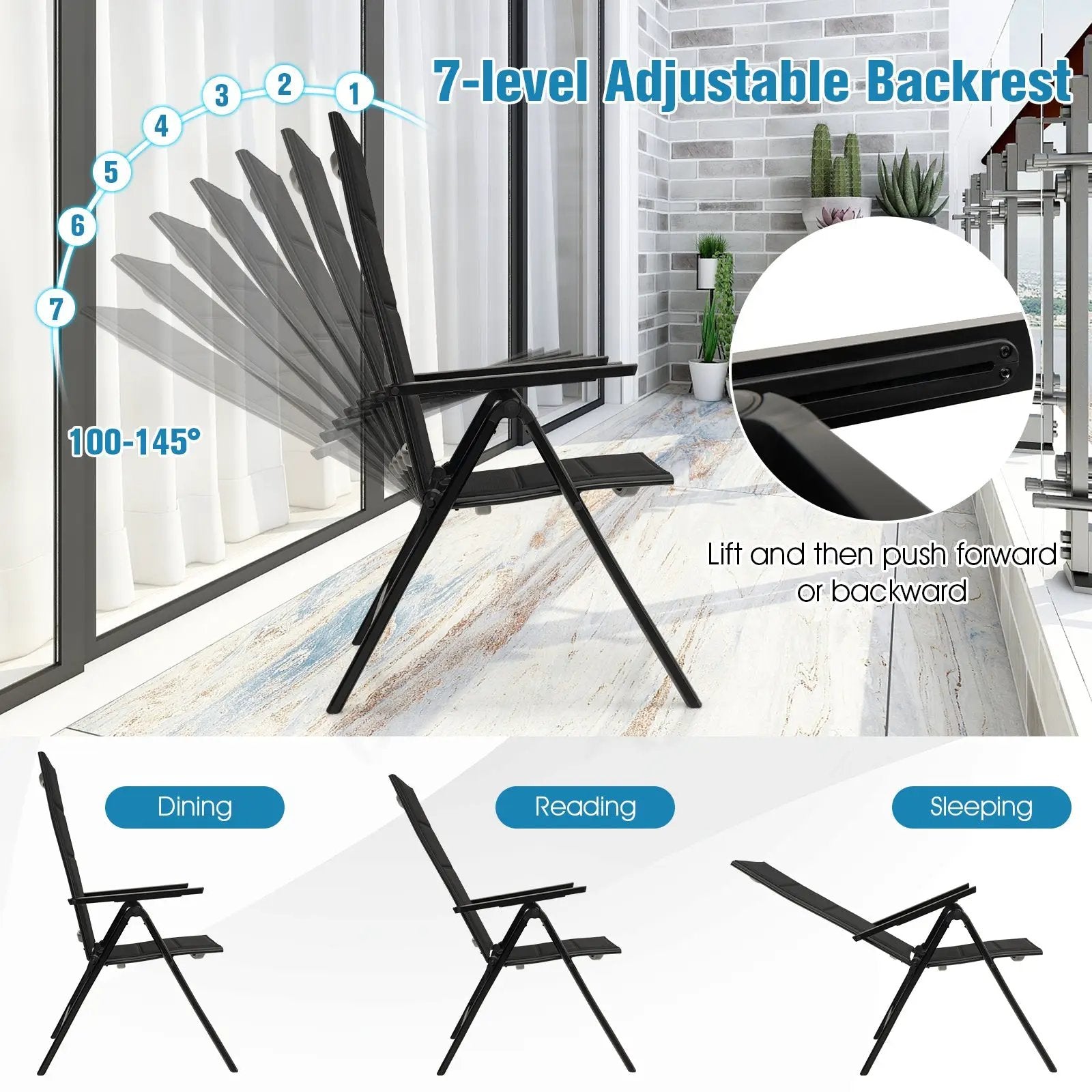 Outdoor Dining Chair with Soft Padded Seat and 7-Position Adjustable Backrest-Black by DirectDeals